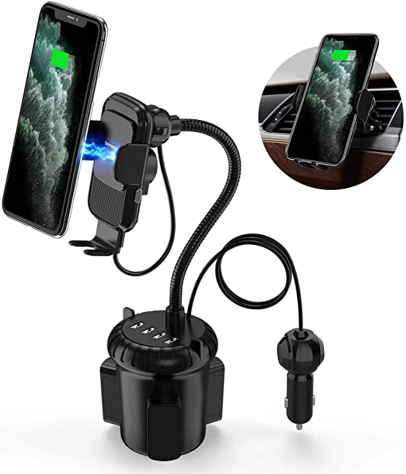 Wireless car Charger, Sopownic 3-in-1 Car Cup Holder Phone Mount with 4 USB Ports Auto Clamping 10W Fast Qi Charging Cell Phone Cup Holder Compatible for iPhone Samsung and More
