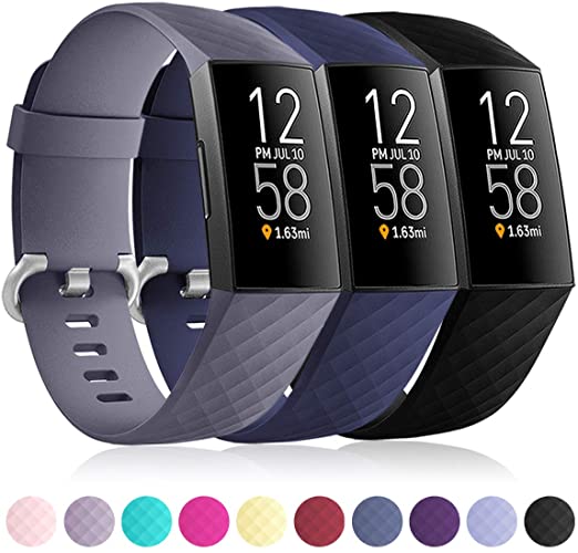 Maledan Compatible with Fitbit Charge 4 Bands and Charge 3 Bands for Women Men, 3 Pack Waterproof Sport Strap Replacement Band for Charge 3/Charge 4/Charge 3 SE, Large Black/Gray/Blue