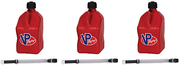 VP Racing Fuels 5-Gallon Square Motorsport Racing Liquid Jug Can Container Red and 14" Hose (3 Pack)