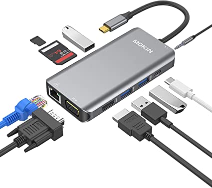 USB C Hub, Type C Adapter, 10-in-1 Dongle with Ethernet, 4K@30Hz HDMI, VGA, 3 USB3.0, SD/TF Card Reader, Mic/Audio, USB-C PD 3.0, Compatible for MacBook Air Pro and Other Type C Laptops