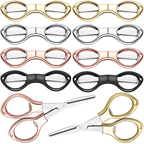 8 Pcs Mini Scissors Folding Scissor Stainless Steel Portable Small Keychain Scissors Glasses Shaped Safety Compact Scissor Shear Telescopic Cutter for Travel School Office(Classic Color,Folding Style)