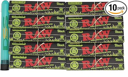 Raw Black Organic Rolling Papers King Size Slim - 10 Packs (32 sheets per pack)   DSS Storage Tube