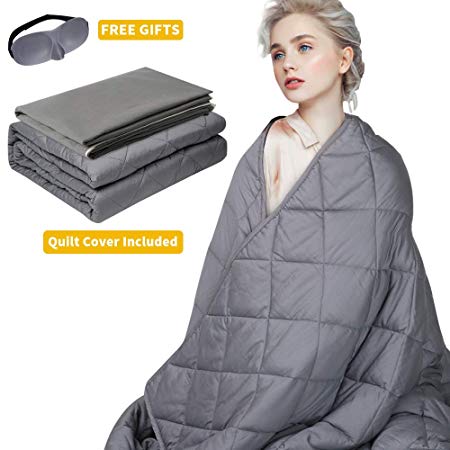 SUNBA YOUTH Adult Weighted Blanket, Heavy Blanket +Removable Cover+Sleep Eye Mask,100% Cotton Material with Glass Beads for Adults and Kids (Grey, 15lbs,48"x72")