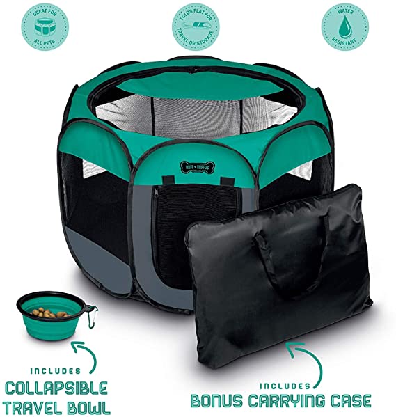 Ruff 'n Ruffus Portable Foldable Pet Playpen   Carrying Case & Collapsible Travel Bowl | Indoor/Outdoor use | Water Resistant | Removable Shade Cover | Dogs/Cats/Rabbit | Available in 3 Sizes