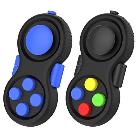 Fidget Controller Pad, ATiC [2 Pack] Stress Reducer Classic Game Pad Anti-anxiety Focus Hand Shank Toy for ADD, ADHD, Autism Kids and Adults Killing Time, Colorful/Black   Blue/Black