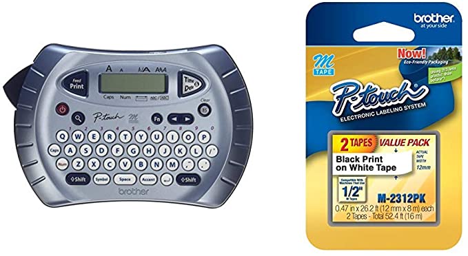 Brother P-touch Label Maker, Prints 1 Font in 6 Sizes & 9 Type Styles, Silver & M-2312PK Tape, 2 Pack, 1/2" Wide Standard Non-Laminated Tape, Black on White, 0.47" x 26.2', 2-Pack