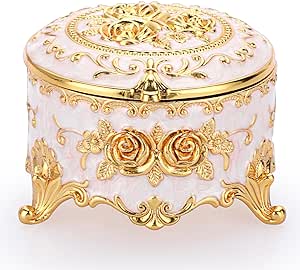 Hipiwe Vintage Round Jewelry Box Small Trinket Storage Organizer Box Gold Metal Chest Ring Case Treasure Box Keepsake Box Earrings Necklace Storage Box Gift for Girl Women, Small