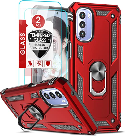 LeYi for Moto G Stylus 2022 Phone Case, Case for Moto G Stylus 4G with 2 Pcs Tempered Glass Screen Protector, [Military-Grade] Rugged Phone Case with Magnetic Ring Kickstand for Motorola G Stylus, Red