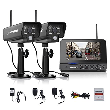 Annke Digital Wireless 4CH DVR Security System with 7 Inch LCD Monitor SD Card Recording and 2 Long Range Night Vision Cameras