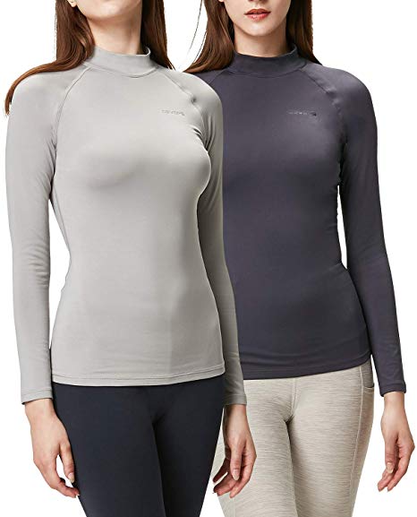 DEVOPS Women's 2 Pack Thermal Heat-Chain Compression Baselayer Tops Mock Turtleneck Long Sleeve T-Shirts