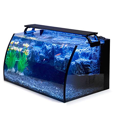 Hygger Horizon 8 Gallon LED Glass Aquarium Kit for Starters with 7W Power Filter Pump, 18W Colored led Light, Wide View Curved Shape Fish Tank with Undetachable 3D Rockery Background Decor