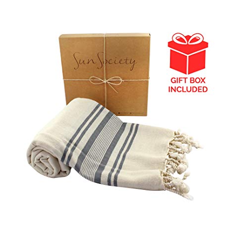 Sun Society Sol Ivory Premium Turkish Towel, Peshtemal. Comes in Gift Box, 100% Cotton
