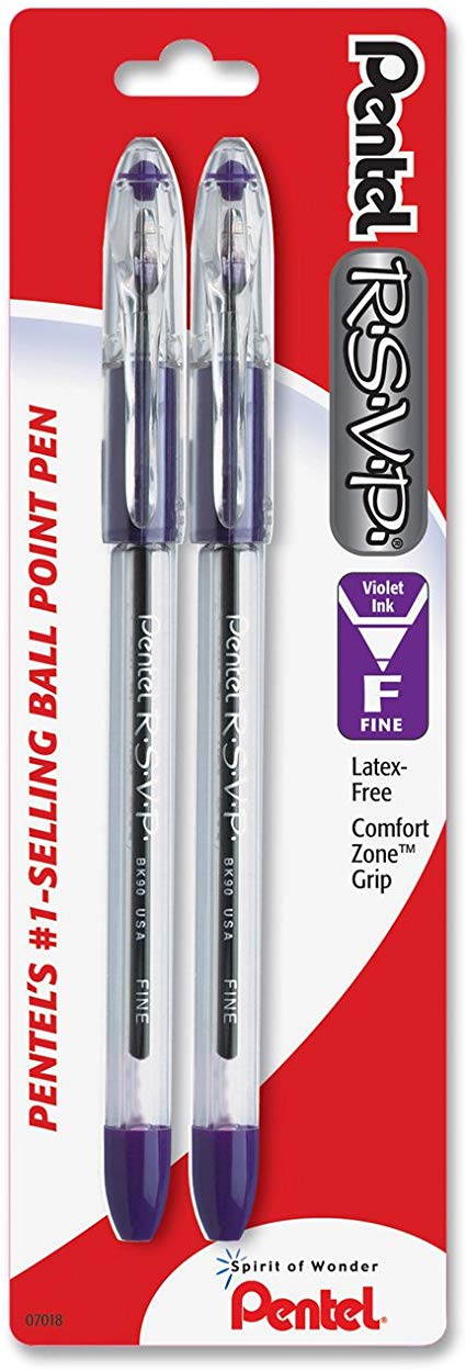 Pentel R.S.V.P. Ballpoint Pen, Fine Line, Violet Ink, 2 Pack (BK90BP2V)