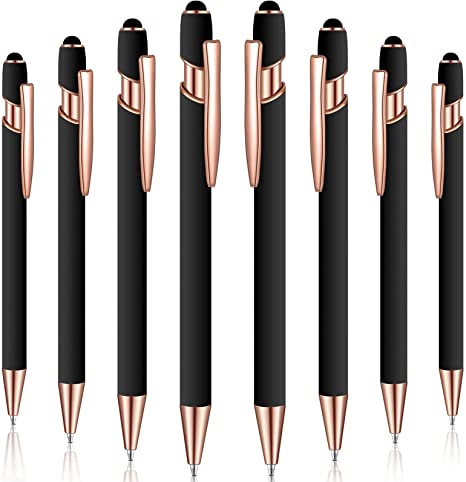 8 Pieces Ballpoint Pen with Stylus Tip Black Ink Metal Pen Stylus for Touch Screens Rainbow Rubberized Touch Ballpoint Pen Colorful for Tablets and More (Rose Gold, Black)