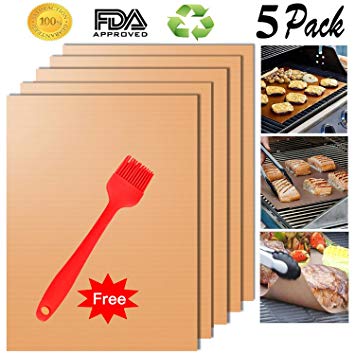 Cookey Upgraded Copper Grill Mat and Bake Mat Set of 5 Non Stick BBQ Grill & Baking Mats - Reusable, Easy to Clean - PTFE Teflon Fiber Grill Roast Sheets for Gas, Charcoal, Electric Grill For Grilling Meat, Veggies, Seafood (Copper)
