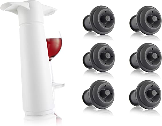 Vacu Vin Wine Saver Pump with Vacuum Bottle Stoppers - Black (White with 6 Stoppers)