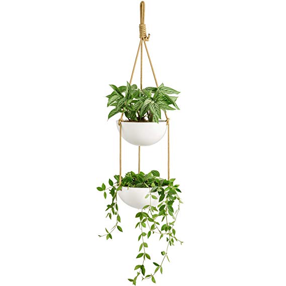 Mkono Ceramic Double Hanging Planter 2 Tier Round Flower Plant Pot 9 Inch Porcelain Hanging Basket with Polyester Rope Hanger for Indoor Outdoor Herbs Ferns Ivy Modern Vertical Garden, White