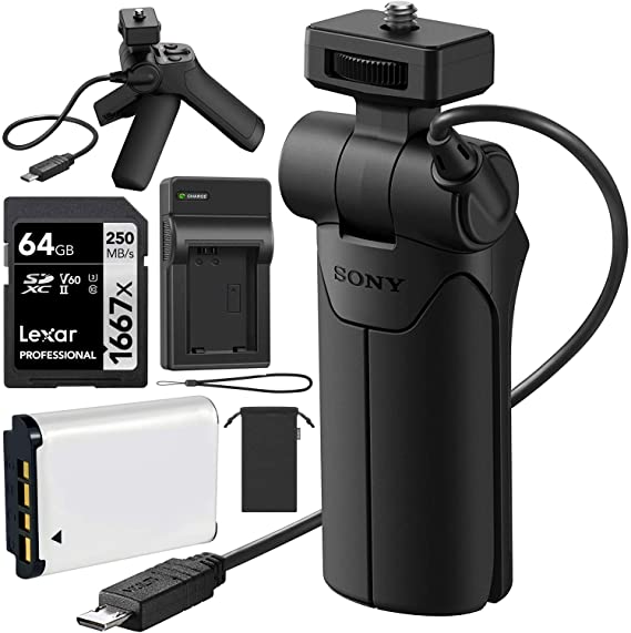 Sony VCT-SGR1 Shooting Grip Camera Tripod for One Handed Vlogging Video Shoots Adjustable Angles Creative and Stable Selfie Bundle w/Lexar 64GB Card   GBX Battery and Charger Compatible with NP-BX1