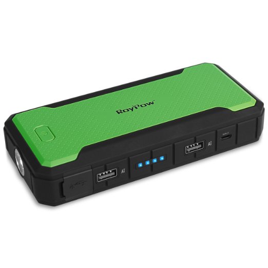 New Release RoyPow Ultrasafe 40L Car Jump Starter 400A Peak Current and 12000 mAh Portable External Battery Charger and Power Bank 18 Months of Warranty Green