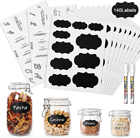 X-Chef 140 Kitchen Pantry Labels, 10x10 Black Chalkboard Stickers and 2x20 Clear Preprinted Pantry Labels with 2 Erasable Chalk Markers White for Kitchen Food Storage Container Spice Jars Canisters