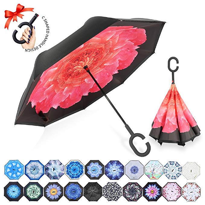 ZOMAKE Double Layer Inverted Umbrella Cars Reverse Umbrella, UV Protection Windproof Large Straight Umbrella for Car Rain Outdoor with C-Shaped Handle