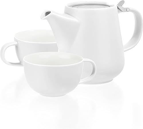 Tealyra - T42 Tea for Two Set - White Porcelain Teapot 27 fl.oz - Two Cups 8.5 fl. oz - Stainless Steel Lid - Removable Infuser for Loose Leaf Tea