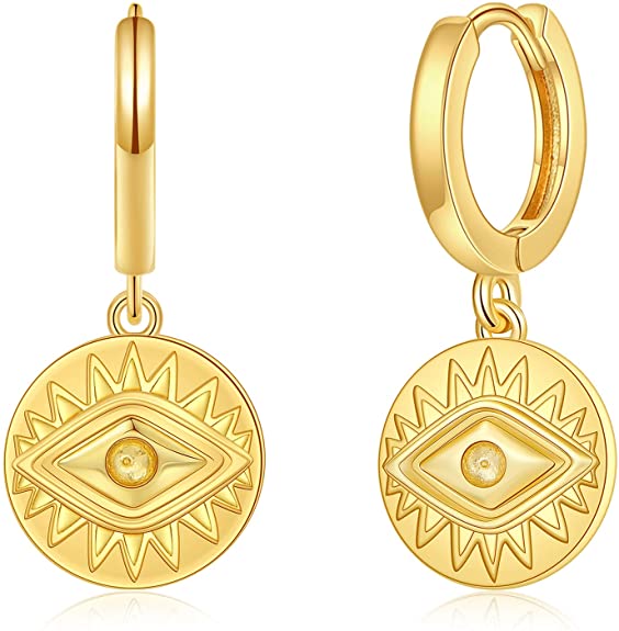 Evil Eye Coin Hoop Dangle Earrings 14K Gold Plated Cubic Zirconia Pendant Huggie Earrings Jewelry Gift for Women