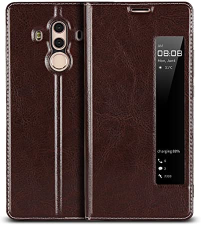 iCoverCase Compatible with Huawei Mate 10 Pro Case, First Layer Cowhide Genuine Leather Case[Visual Window][TPU Interior Case] Shockproof Protective with Folio Flip Leather Case(Brown)
