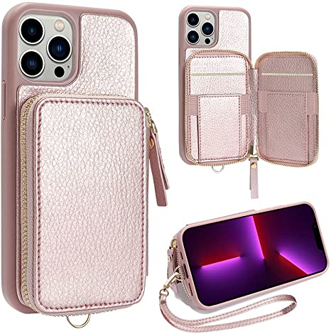 ZVE Wallet Case Compatible with iPhone 13 Pro 6.1 inch, Zipper Case with RFID Card Holder Slot Wrist Strap Handbag Protective Leather Cover Compatible with iPhone 13 Pro 6.1" 5G (2021) - Rose Gold