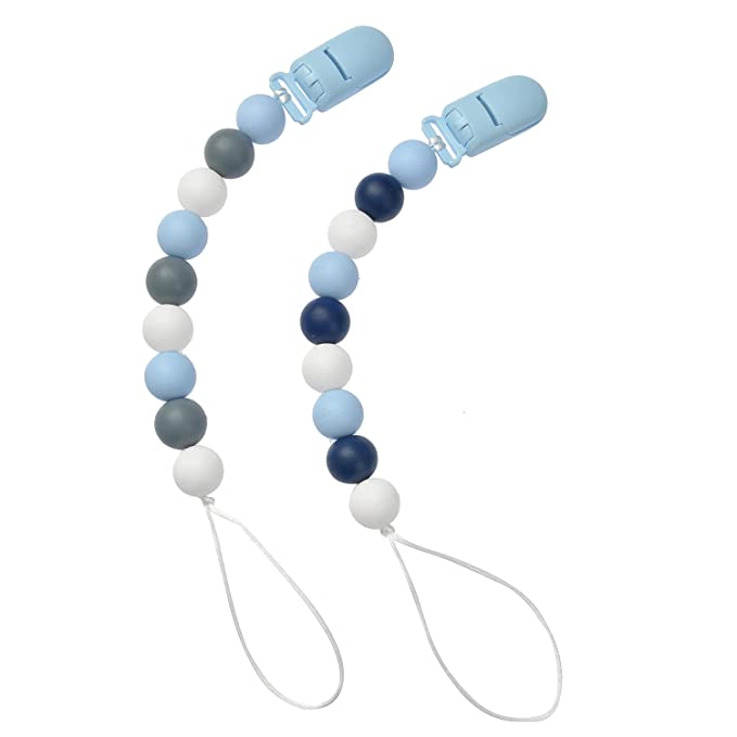 Pacifier Clip, Silicone Teething Beads Holder Soothie Teether Clips for Baby Boys or Girls, 2 Pack (Blue Gray)