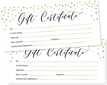 25 4x9 Gold Blank Gift Certificate Cards Vouchers for Holiday, Christmas, Birthday Holder, Small Business, Restaurant, Spa Beauty Makeup Hair Salon, Wedding Bridal, Baby Shower Cash Money Printable