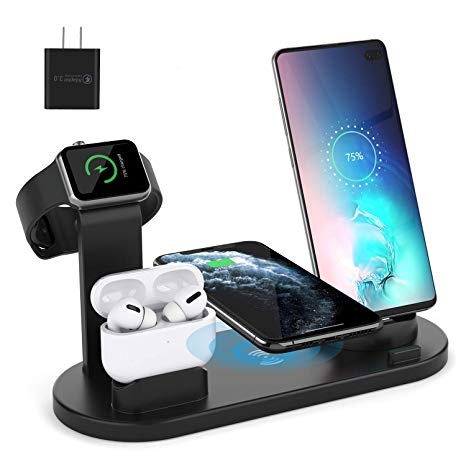 Wireless Charger for Airpods Pro, Aufixy 4 in 1 Wireless Charging Station with Apple Watch Stand and QC 3.0 Adapter for iWatch 5/4/3/2/1, Airpods 3/2/1, iPhone 11/11 Pro Max/XR/XS Max/XS/X/8/8P