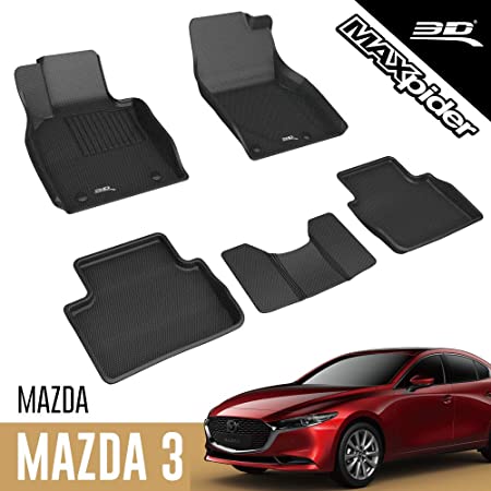 3D MAXpider Mazda Mazda3 2019 2020 2021 / Mazda CX-30 2020 2021 Custom Fit All-Weather Car Floor Mats Liners, Kagu Series (1st & 2nd Row, Black)