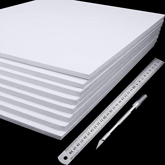 8 Pieces Foam Boards White Foam Core Backing Boards, Silver Craft Knife with Protective Cap and 12 Inch Stainless Steel Ruler for Art Presentations Crafts Display Favors（12 x 10 x 0.2 Inches）