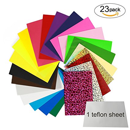 Heat Transfer Vinyl HTV Iron On Vinyl Sheet, Magicfly 23 Pack Heat Press Vinyl Bundle 12x10", 18 PU Color & 4 Glitter & KHS-02 Sliver, 1 Teflon Sheet