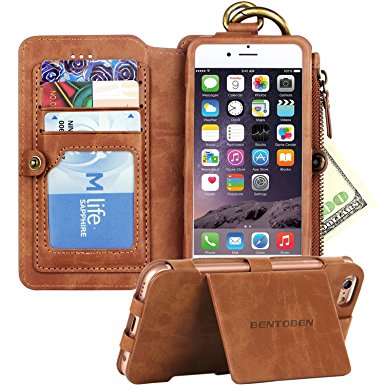 iPhone 5 Case, iPhone 5S Case, BENTOBEN [11 Card Slots] [Kickstand] [Zipper] [Money Pocket] PU Leather Flip Flio Wallet Cover Detachable Hard Protective Case for iPhone 5/SE/5S, Brown