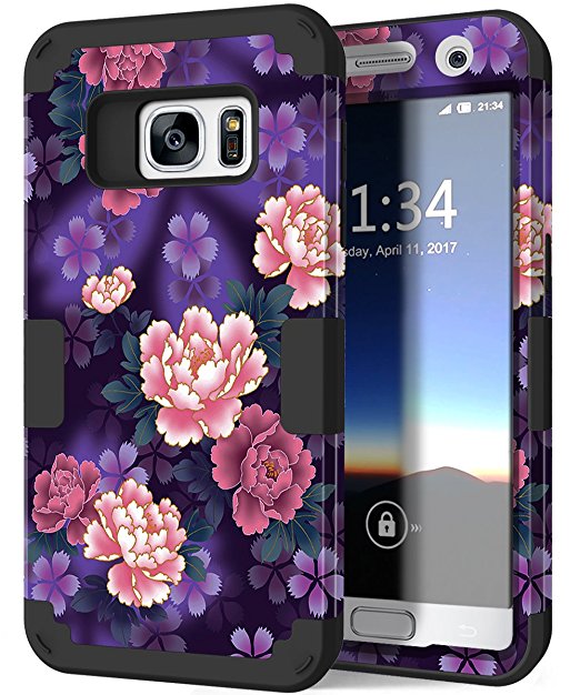 Galaxy S7 Case, Hocase Drop Protection Shock Absorbing Silicone Rubber Bumper Hard Shell Hybrid Dual Layer Full-Body Protective Phone Case for Samsung Galaxy S7 (2016) - Voilet Flowers / Black