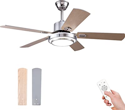 Boomjoy 52”wood ceiling fans with lights and remote control indoor outdoor modern silver ceiling fan with LED bright light for living room bedroom farmhouse patios garage gazebo DC motor dual 5 blades