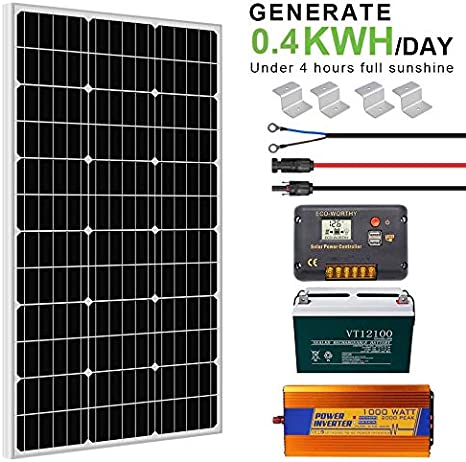 ECO-WORTHY 100W 0.4KWH/Day 12V Off Grid Complete Solar Power System Kit with Battery&Inverter: 100W Solar Panel 20A LCD Charge Controller  100AH 12V Lead Acid AGM Battery  1000W 12V-110V Inverter