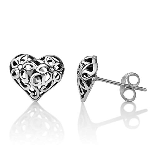 925 Sterling Silver Bali Inspired Filigree Flower Puffed Heart-Shaped Post Stud Earrings 11x17 mm