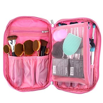 Samtour Cosmetic Makeup Brush Case Organizer Professional Makeup Artist case Travel Multifunctional Makeup Handbag with Belt Strap Holder Pink