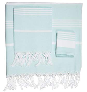 Nature Is Gift Turkish Towel Set Cotton Bath Beach Spa Sauna Hammam Yoga Gym Hamam Towel Fouta Peshtemal Pestemal Blanket (Basic Set Aqua)