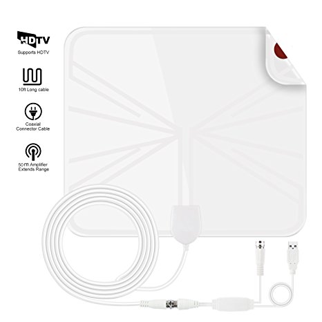 TV Antenna, 50 mile Range Indoor Amplified HDTV Antenna, with Detachable Amplifier Signal Booster Upgraded Version 13.5ft High Performance Coaxial Cable (White)