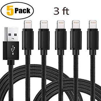 iPhone Charger, Lightning Cable, 5 Pack (3Ft) Nylon Braided Charging Cable USB Charger Data Sync Cord Compatible with iPhone 7 / 7Plus / 8 /8Plus /Xs/XR /XS Max /6/6 Plus /6s Plus/SE /5 /5S /5C, Black