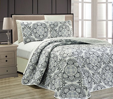 Fancy Collection 3 pc Bedspread Bed Cover Modern Reversible White Grey Black New #Linda Grey Full/Queen Over Size 106" x95"