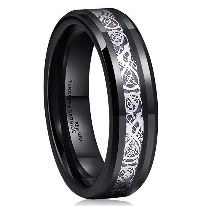 King Will DRAGON 6mm Black Tungsten Carbide Ring Blue Carbon Fiber Silver Celtic Dragon Wedding Band