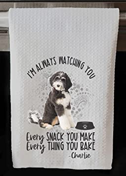 Personalized Bernedoodle Always Watching You Waffle Weave Kitchen Towel, 16"x24", Housewarming Gift, Hostess Gift (White Towel, Bernedoodle with Name)