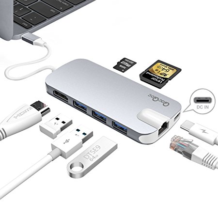 GN30H USB C Hub Shuttle Type C Hub with Power Delivery for Charging ,HDMI Output ,Card Reader, 3 USB 3.0 Ports,Gigabit Ethernet Port Adapter with PD Specification for MacBook 12-Inch Aluminum Alloy Build (Gray)