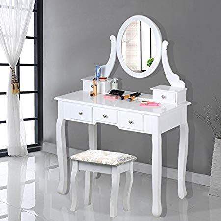 chinkyboo White Wooden Dressing Table with Oval Mirror and Stool Bedroom Shabby Chic 5 Drawers Makeup Desk Sets