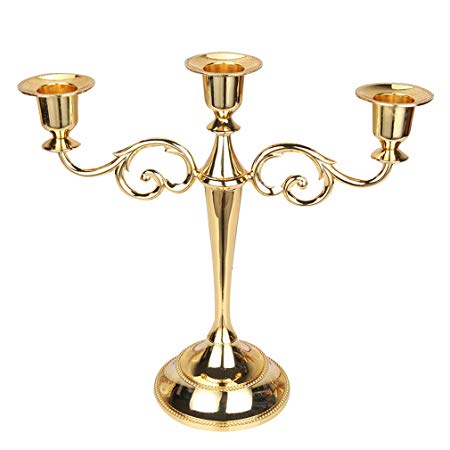 Wispun 3 Arms Candle Holder Metal Pillar Candle Stick Wedding Event Candelabra (Gold)